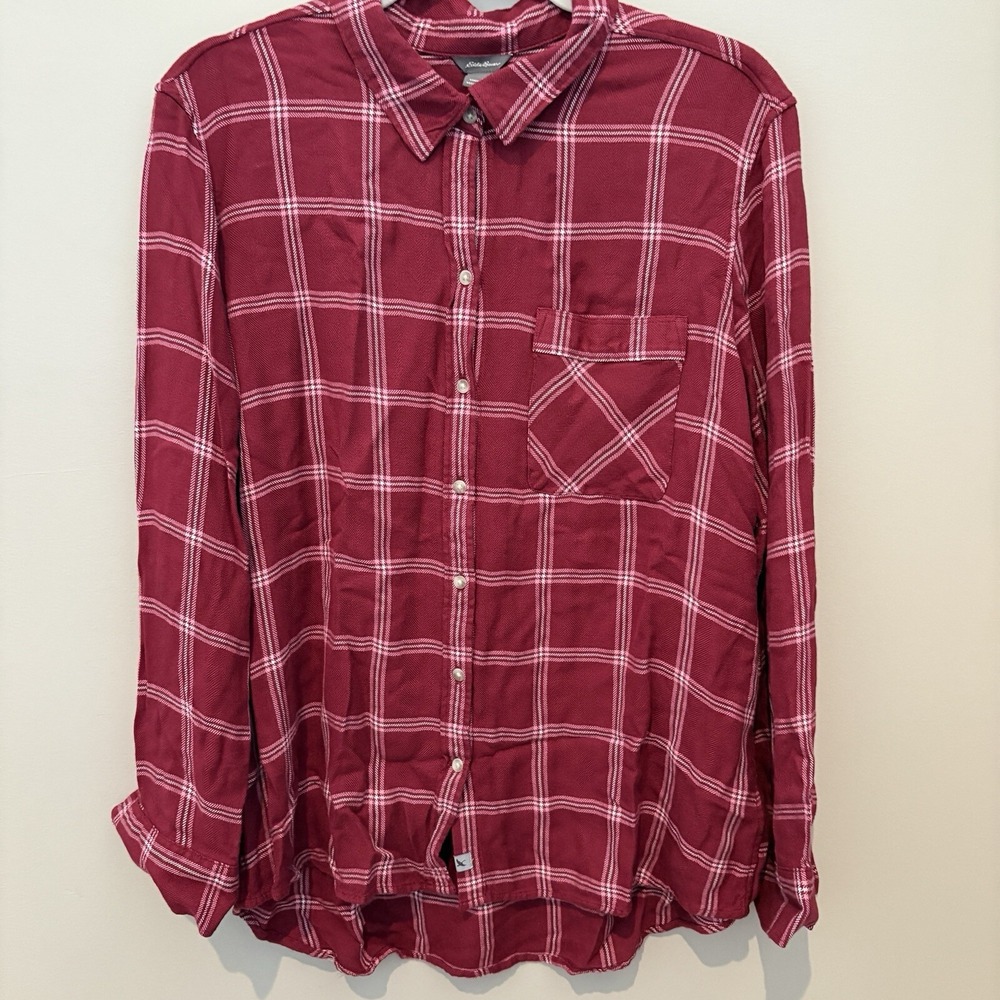 EDDIE BAUER XL Women's Long Sleeve Button Down Berry Plaid Flannel Cottagecore